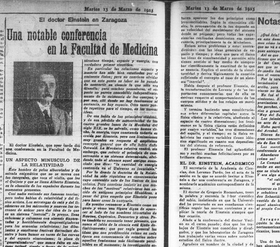 Reseña de la visita de Einstein a Zaragoza publicada en el diario zaragozano "El Noticiero" el martes 13 de marzo de 1923 (Imagen del Ayuntamiento de Zaragoza /zaragoza.es) 