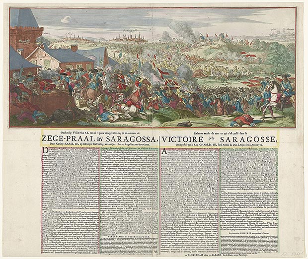 Victoria de las tropas aliadas del archiduque Carlos sobre los franceses cerca de Zaragoza. Aguafuerte coloreado impreso en Ámsterdam por Abraham Allard. 