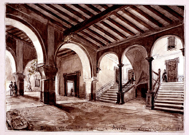 Interior del Palacio de los Condes de Ariño. Dibujo de Valentín Carderera y Solano (1880) conservado en el Museo Lázaro Galdiano 