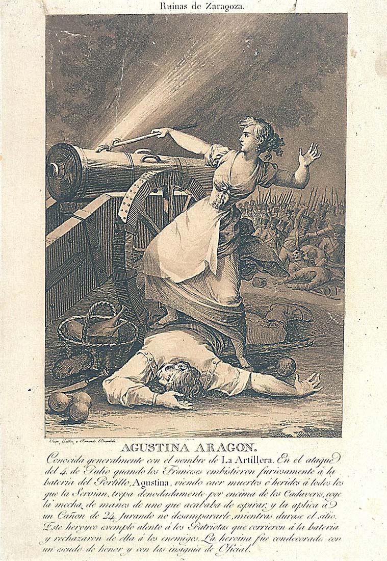 Agustina Aragón. Estampa de Juan Gálvez y Fernando Brambilla, publicada en Cádiz por la Real Academia de Bellas Artes en 1812–1813.