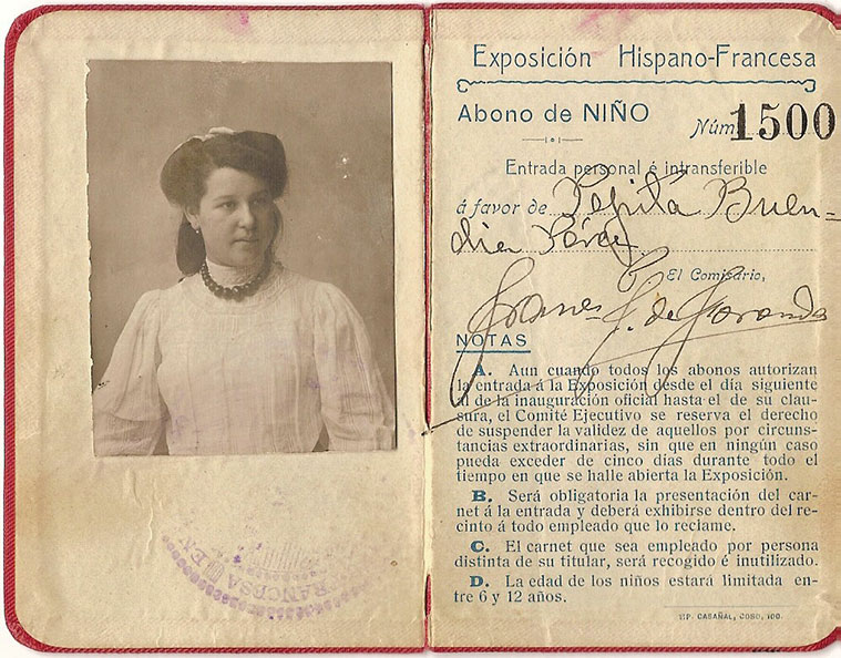 Un carné infantil de la exposición Hispano Francesa de 1908
