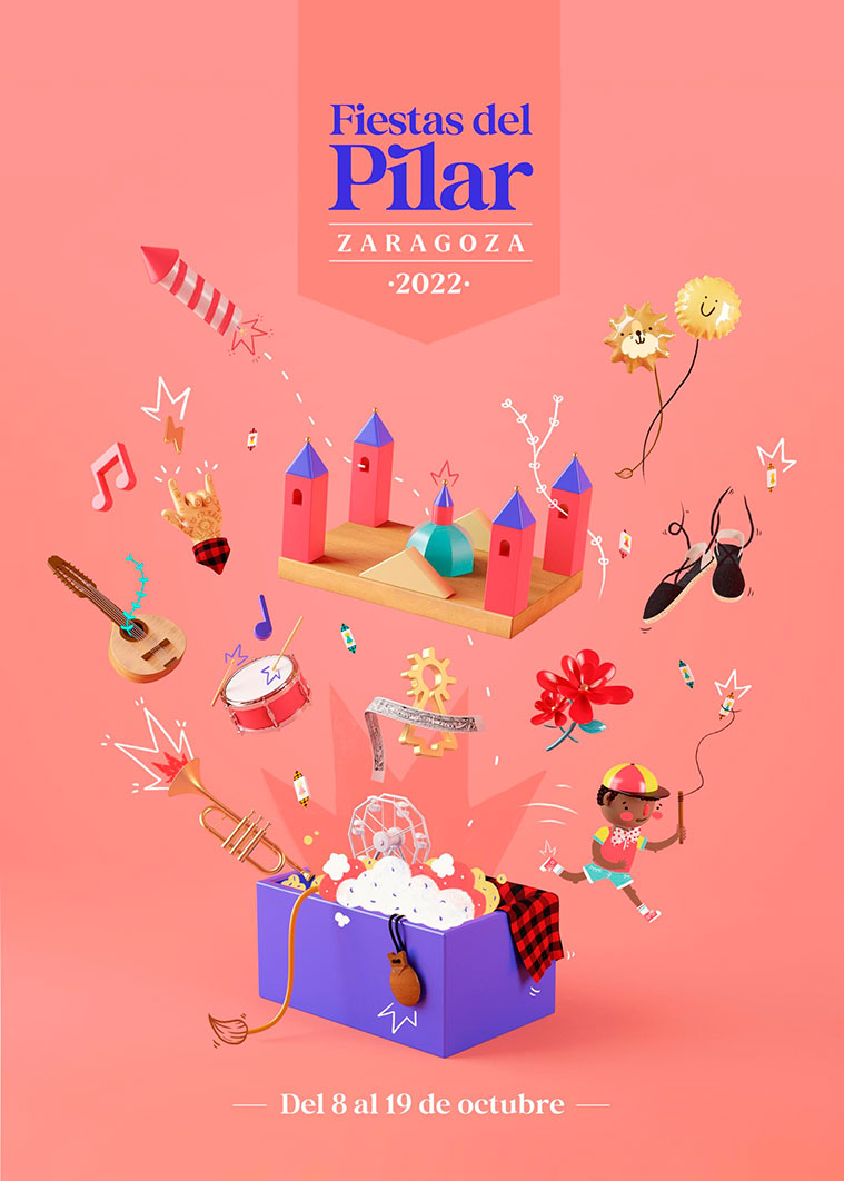 Cartel realizado por Juan Rubio y Vera Galingo para las Fiestas del Pilar 2022 y premiado con accésit