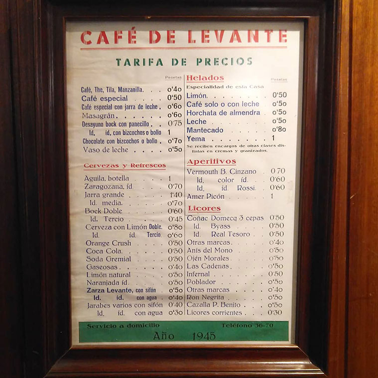 Tarifa de Precios del Café Levante en 1945
