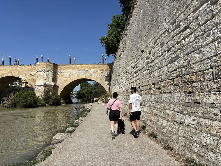 Personas pasendo en el entorno del Puente de Piedra